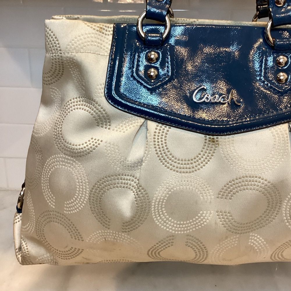 Coach Bag Purse Handbag Ashley Dotted OpArt Tan Blue Canvas Leather Carry All - Picture 2 of 14